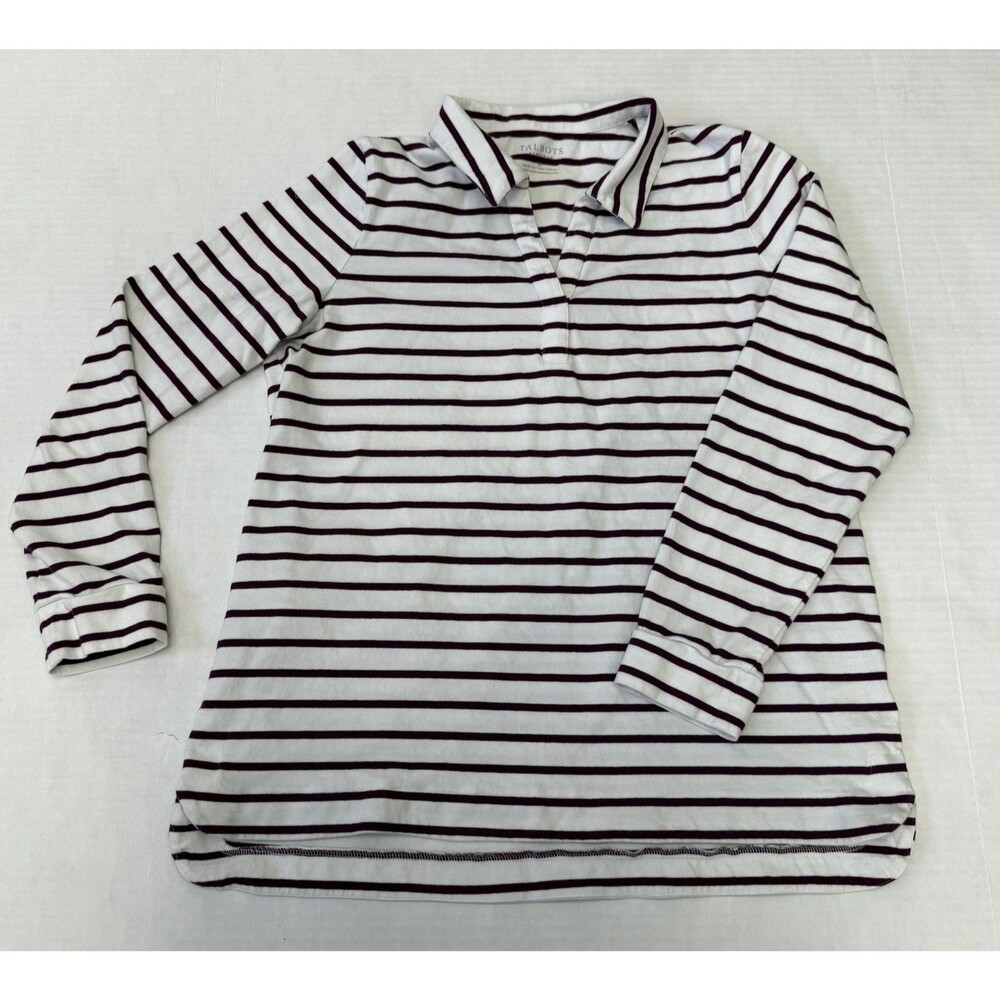 Talbots Womens Striped Long Sleeve Polo Shirt Large Petite Magenta White Cotton